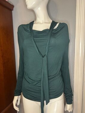 Dark Teal Long-Sleeve Tie-Neck Women's Top
